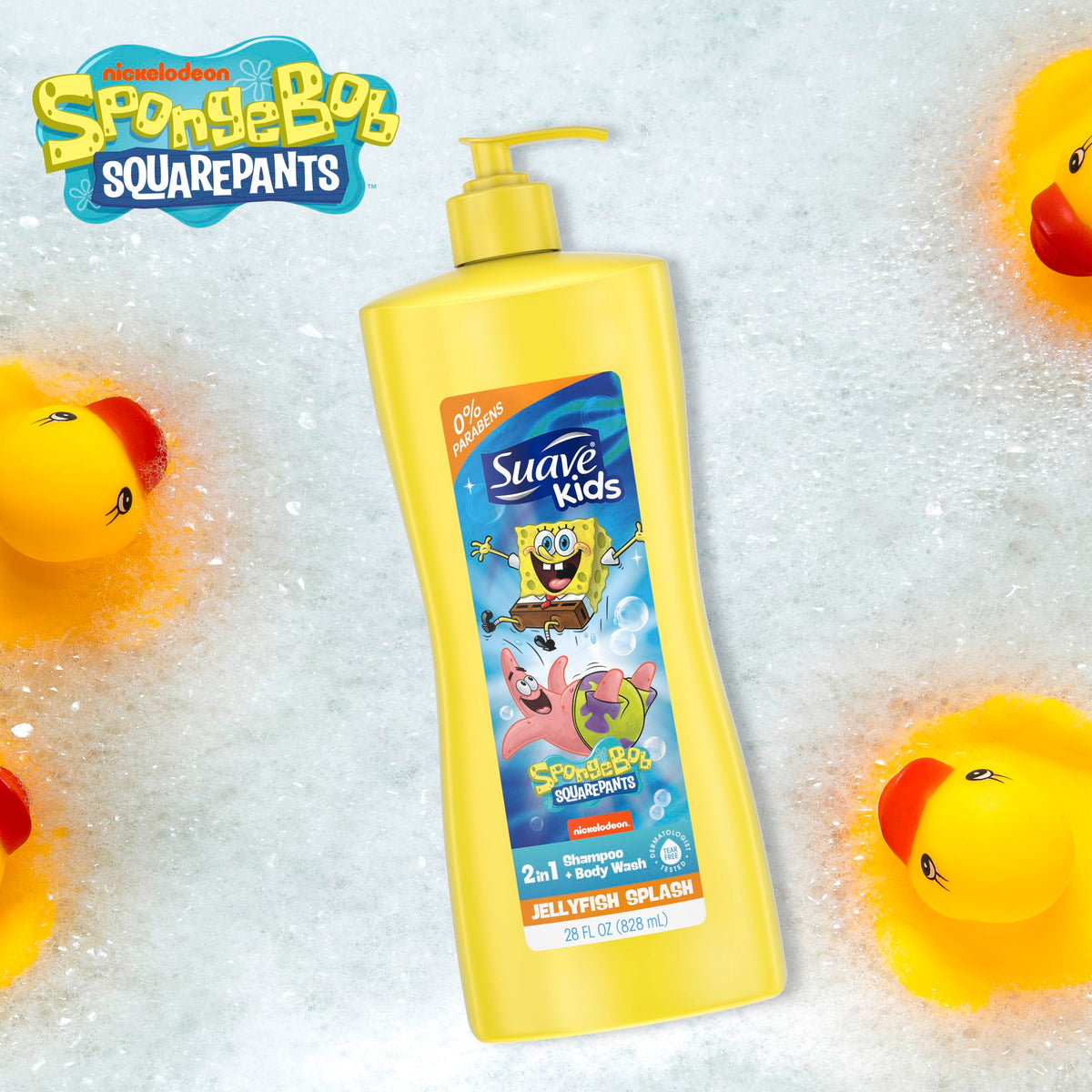 Suave SpongeBob back label close-up showing ingredients and usage info benefit