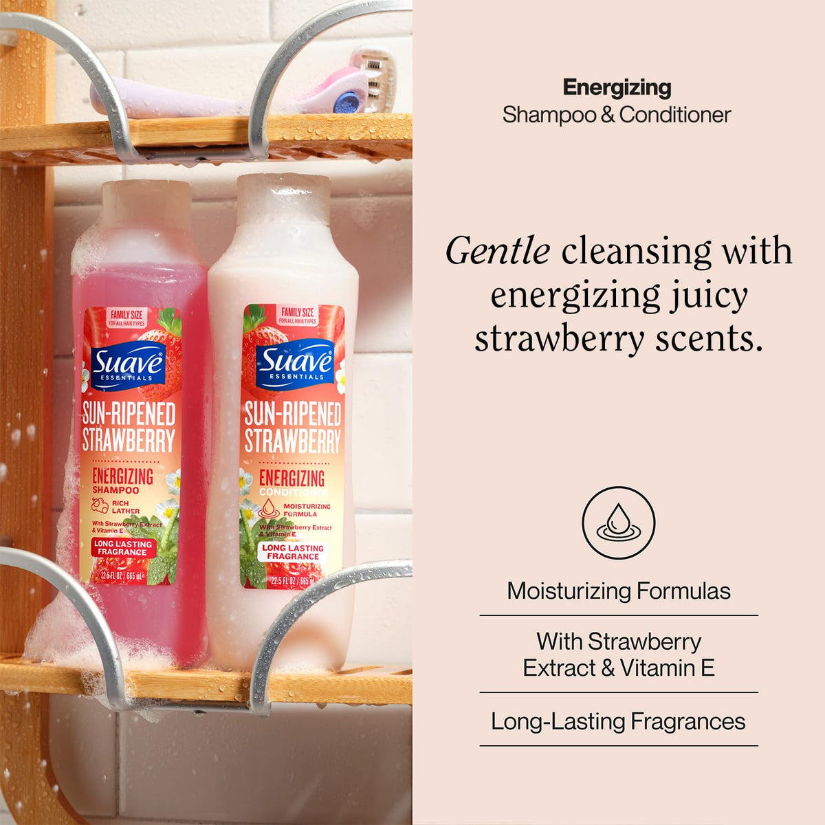 Suave label detail with product name and features, highlighting energizing fruit extract benefits