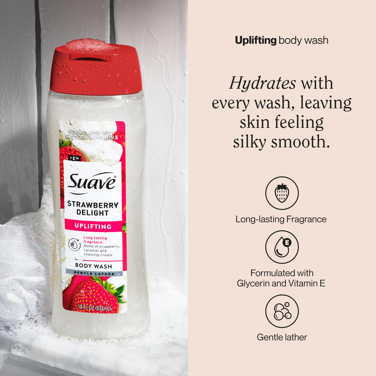 suave back label and ingredients view highlighting glycerin and vitamin E benefit