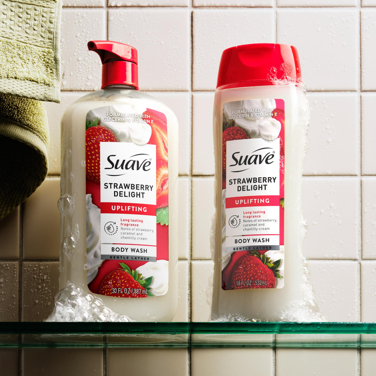 Suave bottle in bathroom setting suggesting refreshing daily routine benefit