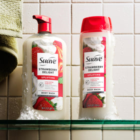 Suave bottle in bathroom setting suggesting refreshing daily routine benefit