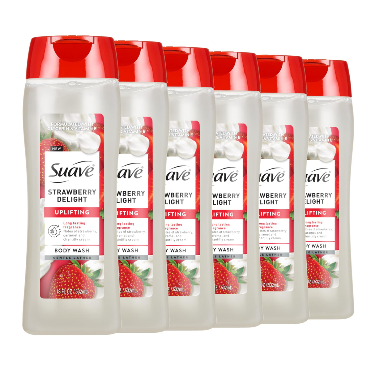 suave front packaging showing strawberry delight bottle and uplifting scent benefit