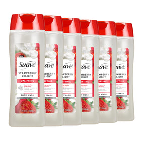 suave front packaging showing strawberry delight bottle and uplifting scent benefit