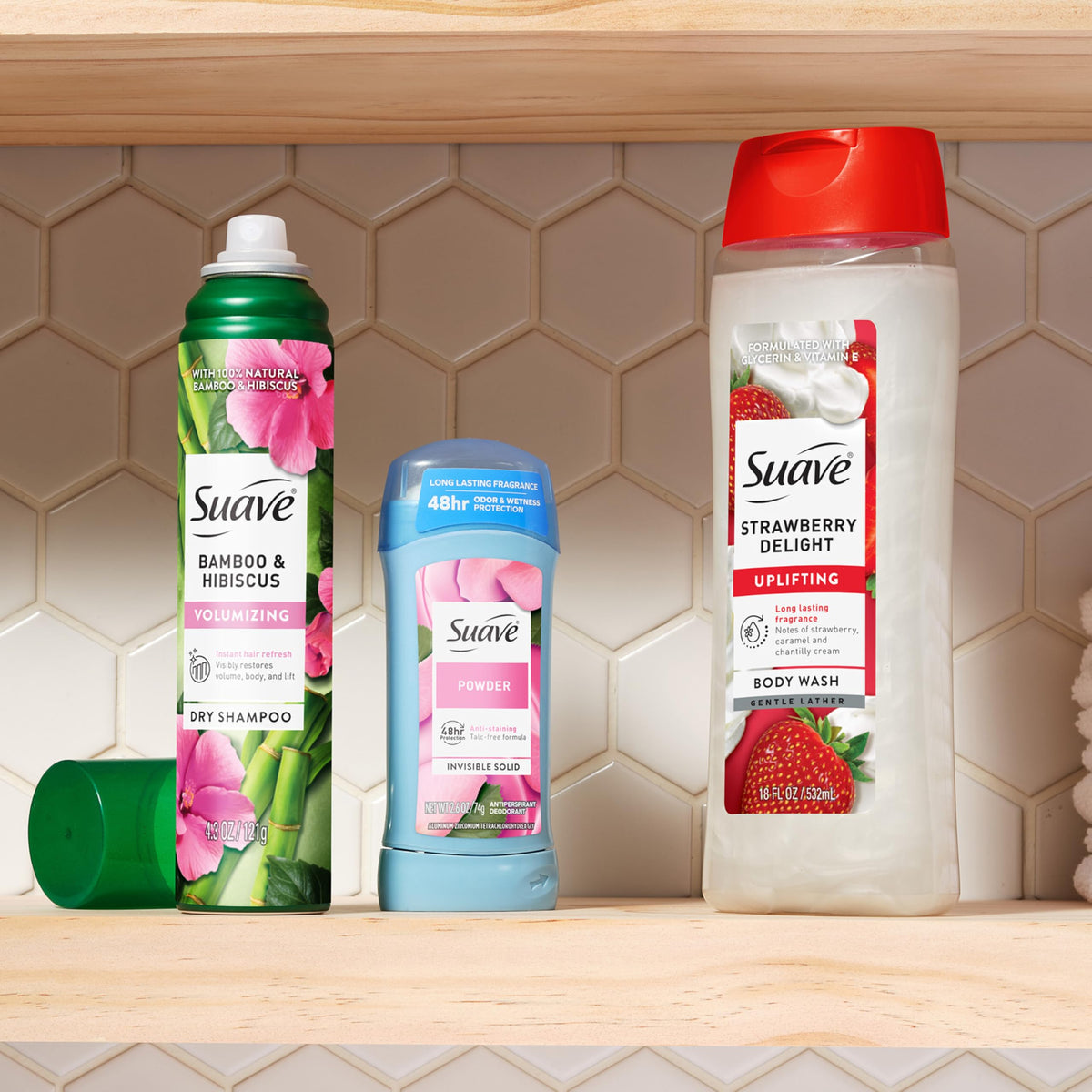 suave bottle on bathroom shelf in a styled scene showing daily routine uplift benefit