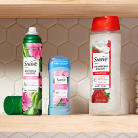 suave bottle on bathroom shelf in a styled scene showing daily routine uplift benefit
