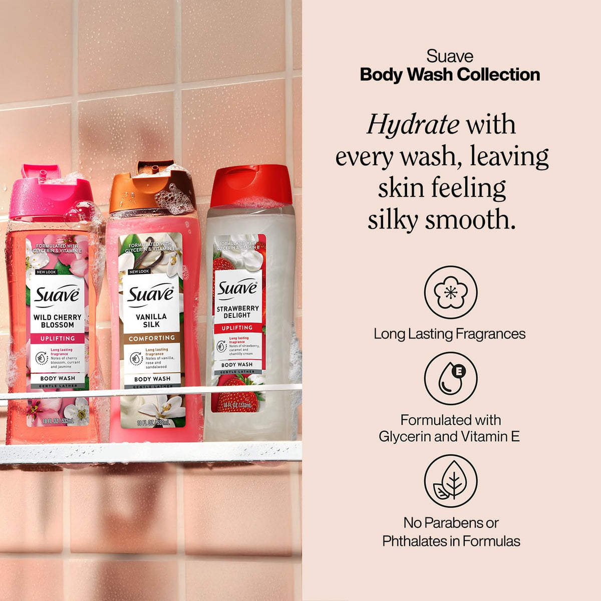 Suave Strawberry Delight being poured to show creamy lather and fresh fragrance