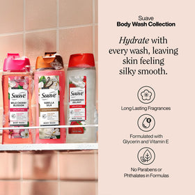 Suave Strawberry Delight being poured to show creamy lather and fresh fragrance