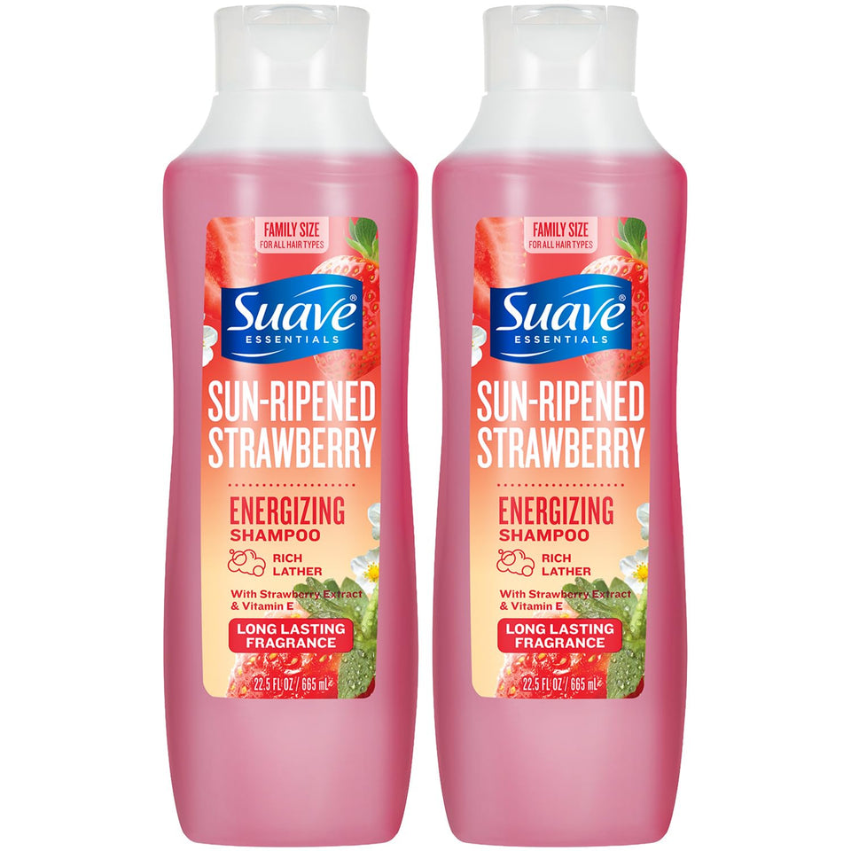 Suave bottle front packaging showing strawberry image and size — clear product identity