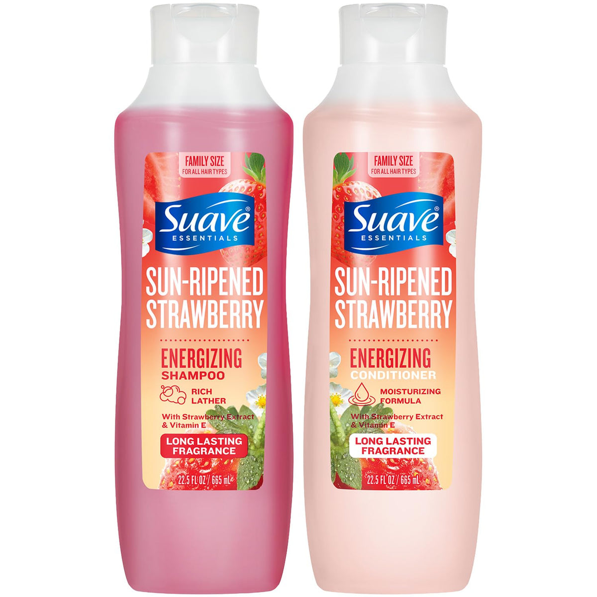 Suave front packaging showing strawberry scent and large family bottles, boosting convenience