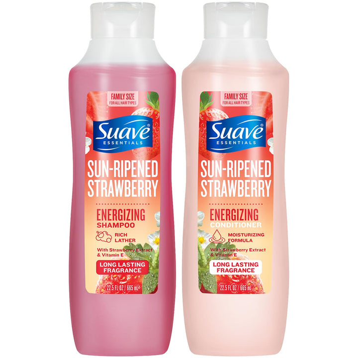 Suave front packaging showing strawberry scent and large family bottles, boosting convenience