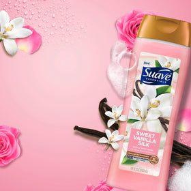 Suave sweet vanilla in shower use demonstrating rich foam and quick rinsing benefit