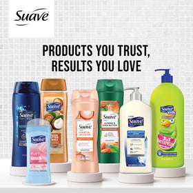 Suave sweet vanilla bottle held in hand to show 18 oz scale and multi-pack convenience