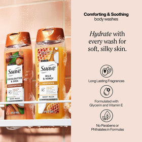 Suave creamy lather on pouf showing rich foam and softening benefit