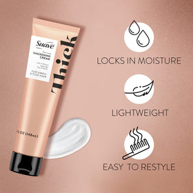 Blow-drying styled hair with Suave cream for faster drying and body