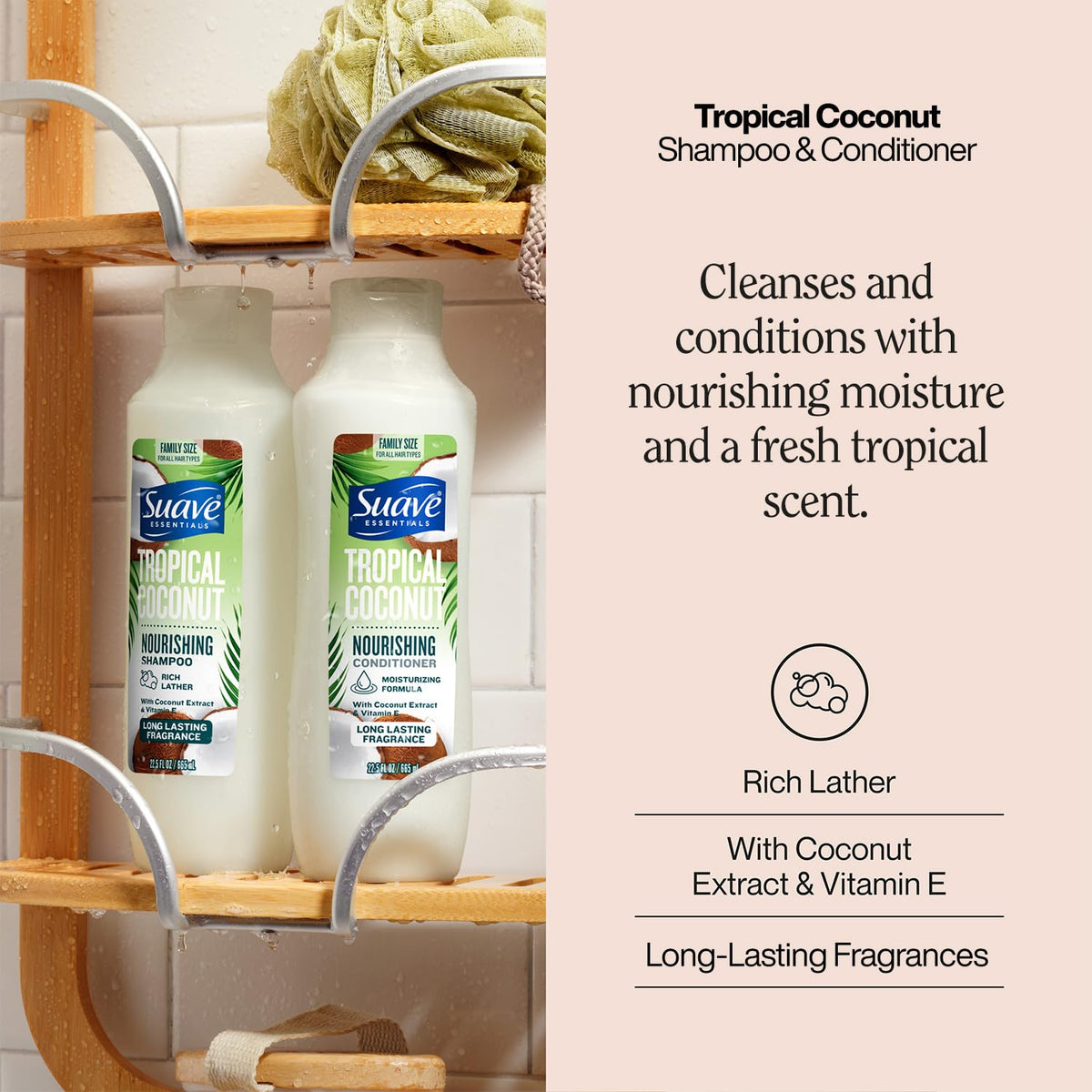 Suave back label close-up highlighting ingredients and vitamin E benefits