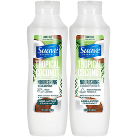 Suave front packaging showing Tropical Coconut bottles and tropical scent benefit