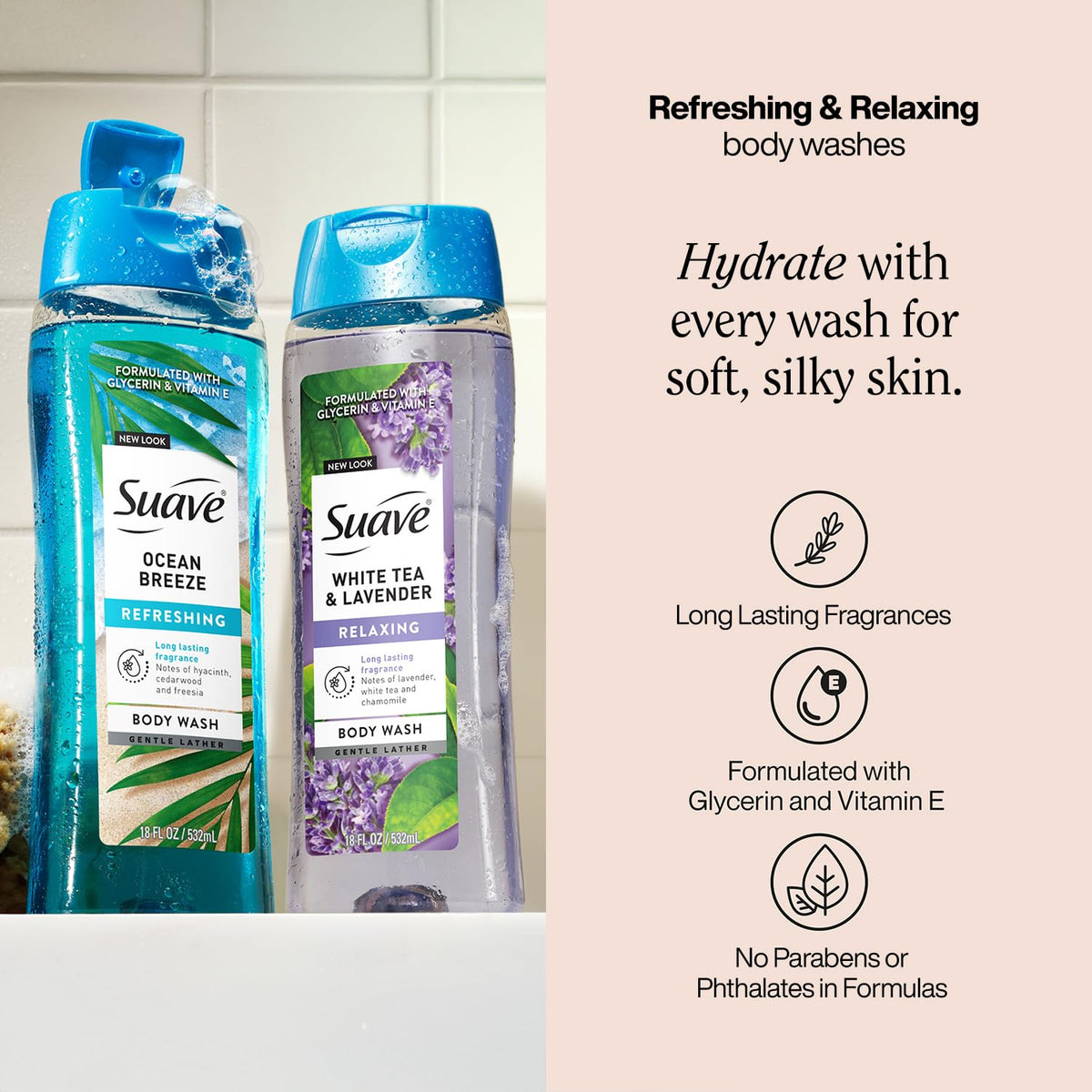 Suave White Tea & Lavender lather on pouf showing moisturizing foam