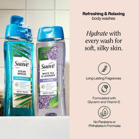 Suave White Tea & Lavender lather on pouf showing moisturizing foam