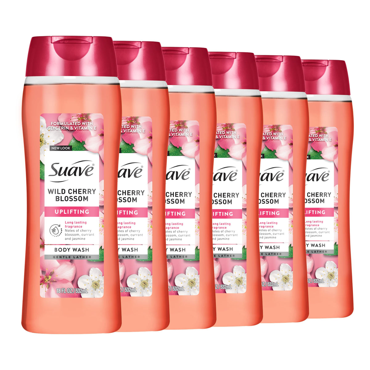Suave bottle front view showing Wild Cherry Blossom scent and 18 oz size benefits