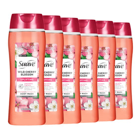 Suave bottle front view showing Wild Cherry Blossom scent and 18 oz size benefits