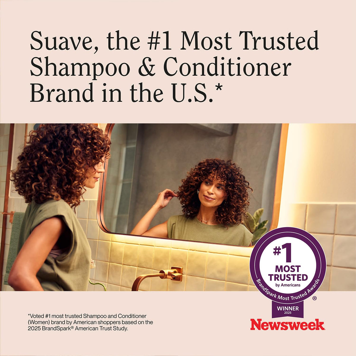Person dispensing Suave into palm, brand eases everyday styling
