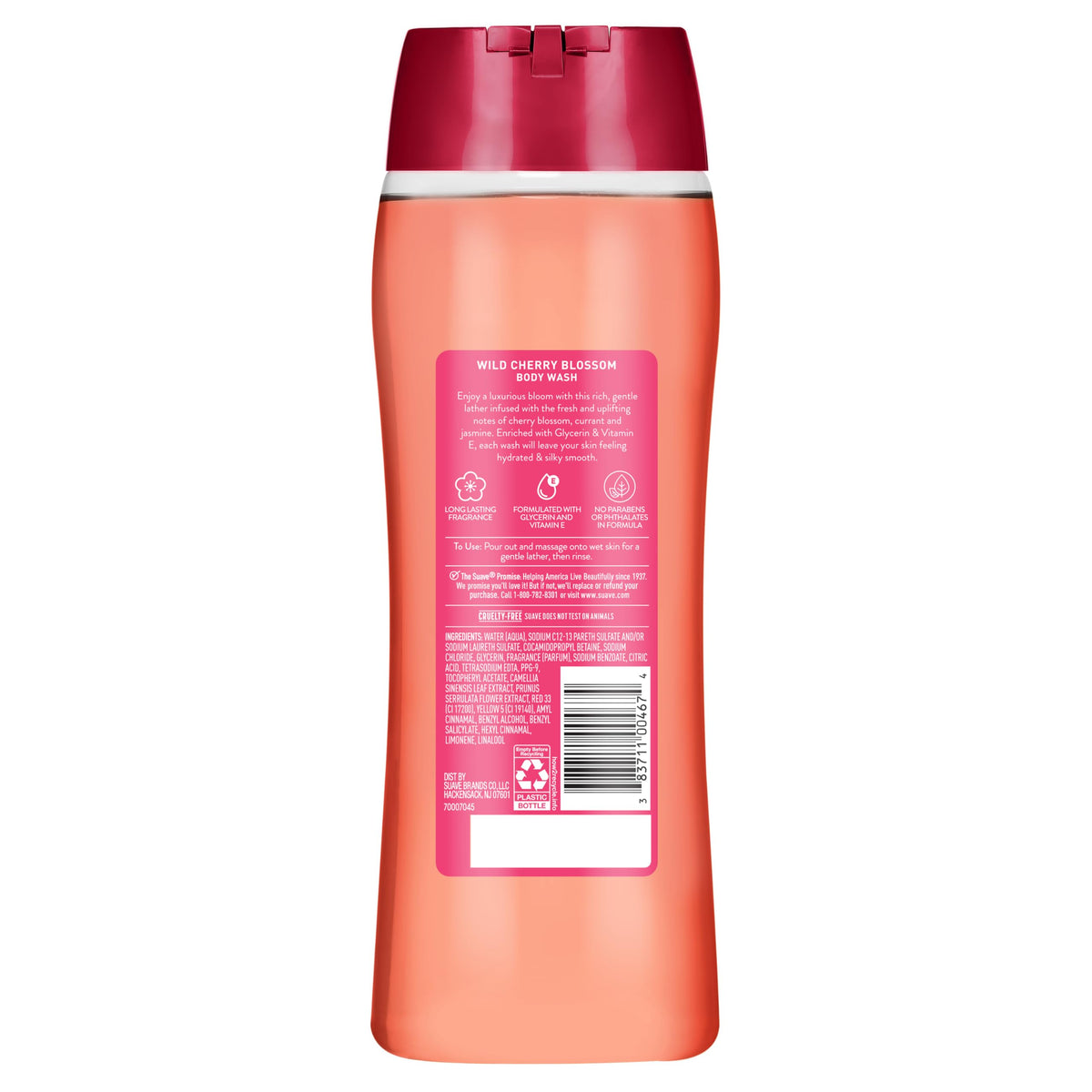 Ingredients label on Suave Wild Cherry Blossom bottle showing glycerin and vitamin E