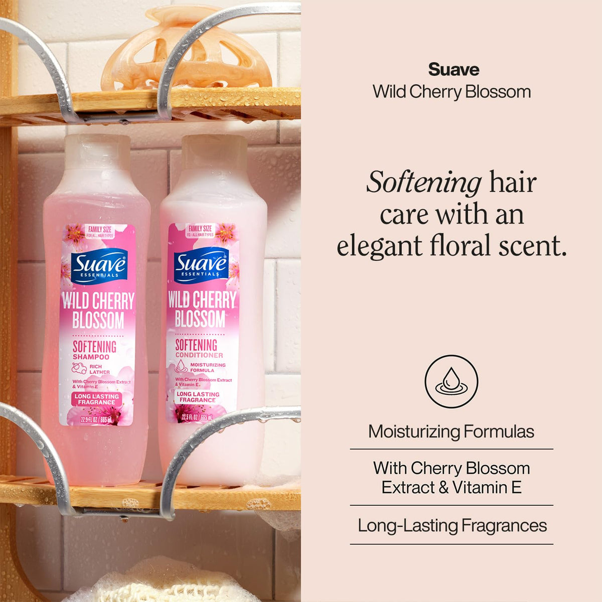Suave label close-up highlighting cherry blossom extract and vitamin E benefit