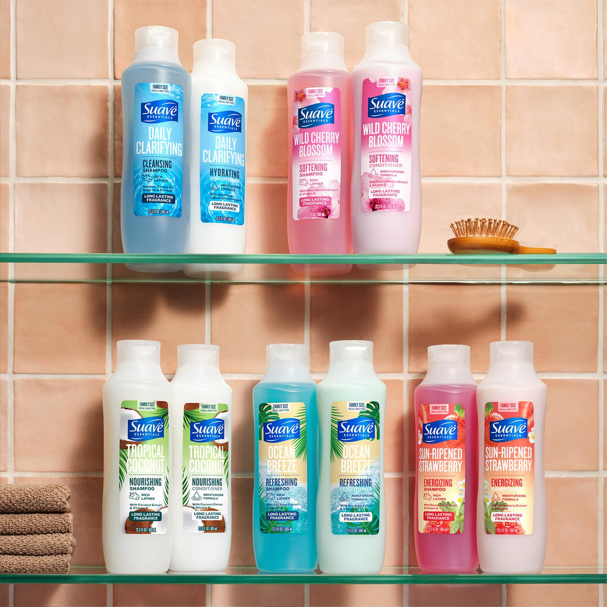 Label close-up with ingredient callouts, Suave transparency and benefits