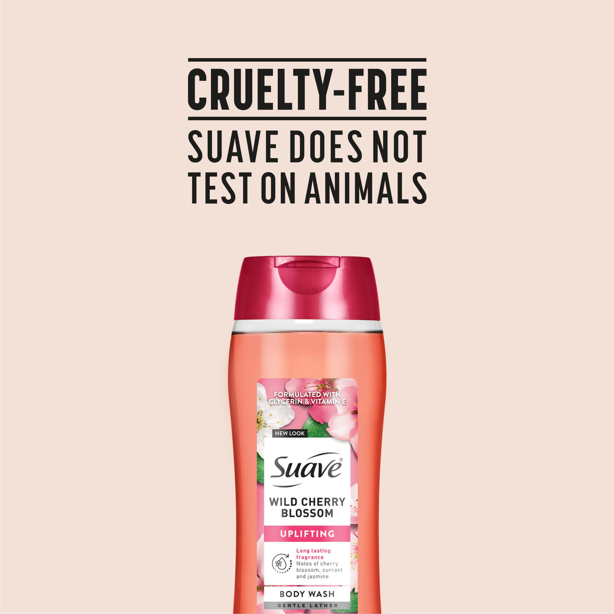 Suave bottle styled on a bathroom shelf conveying fragrance and at-home spa feel