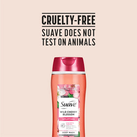 Suave bottle styled on a bathroom shelf conveying fragrance and at-home spa feel