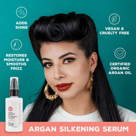 Suavecita in-use on styled hair demonstrating frizz control and glossy finish