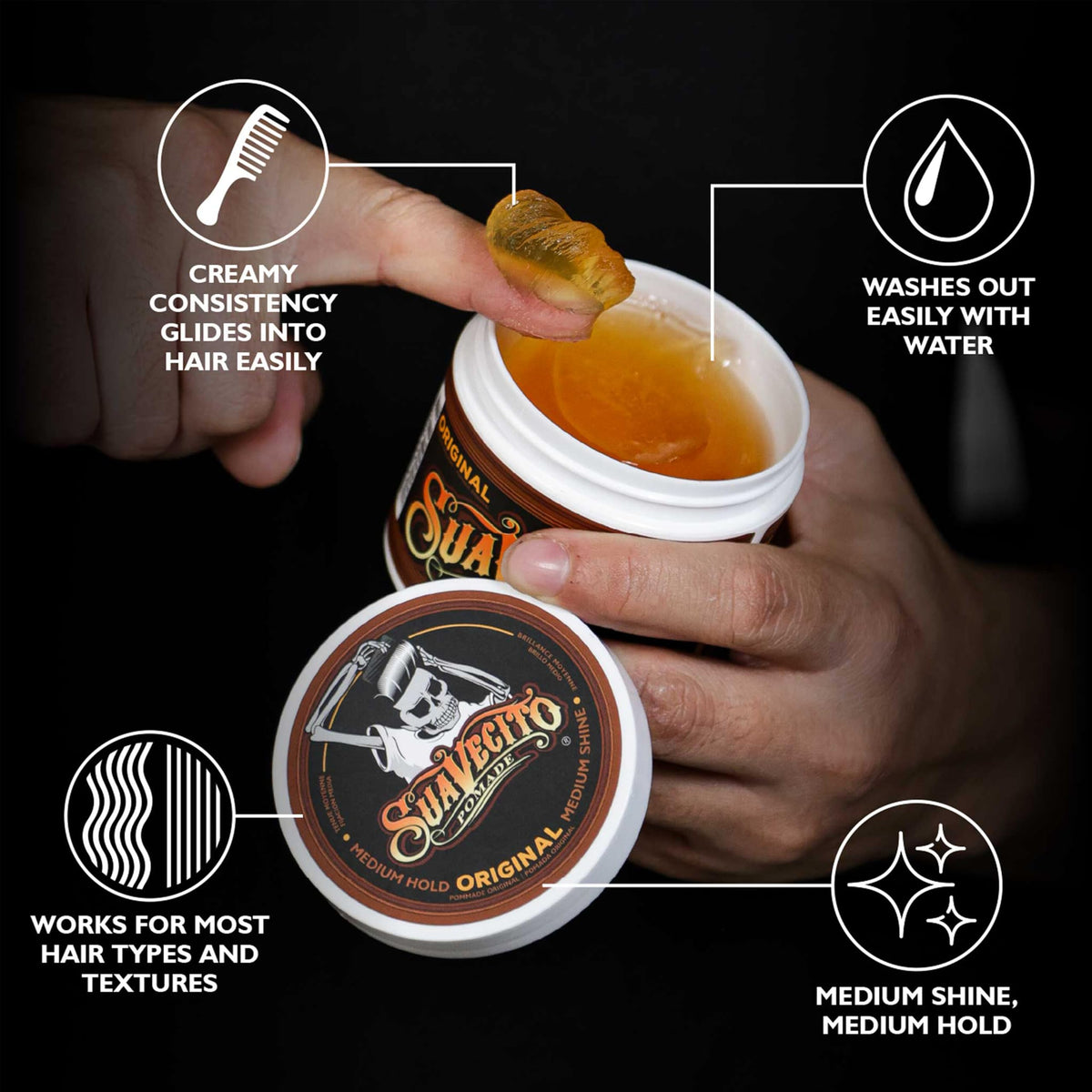 Suavecito pomade on hands ready to apply demonstrating easy application