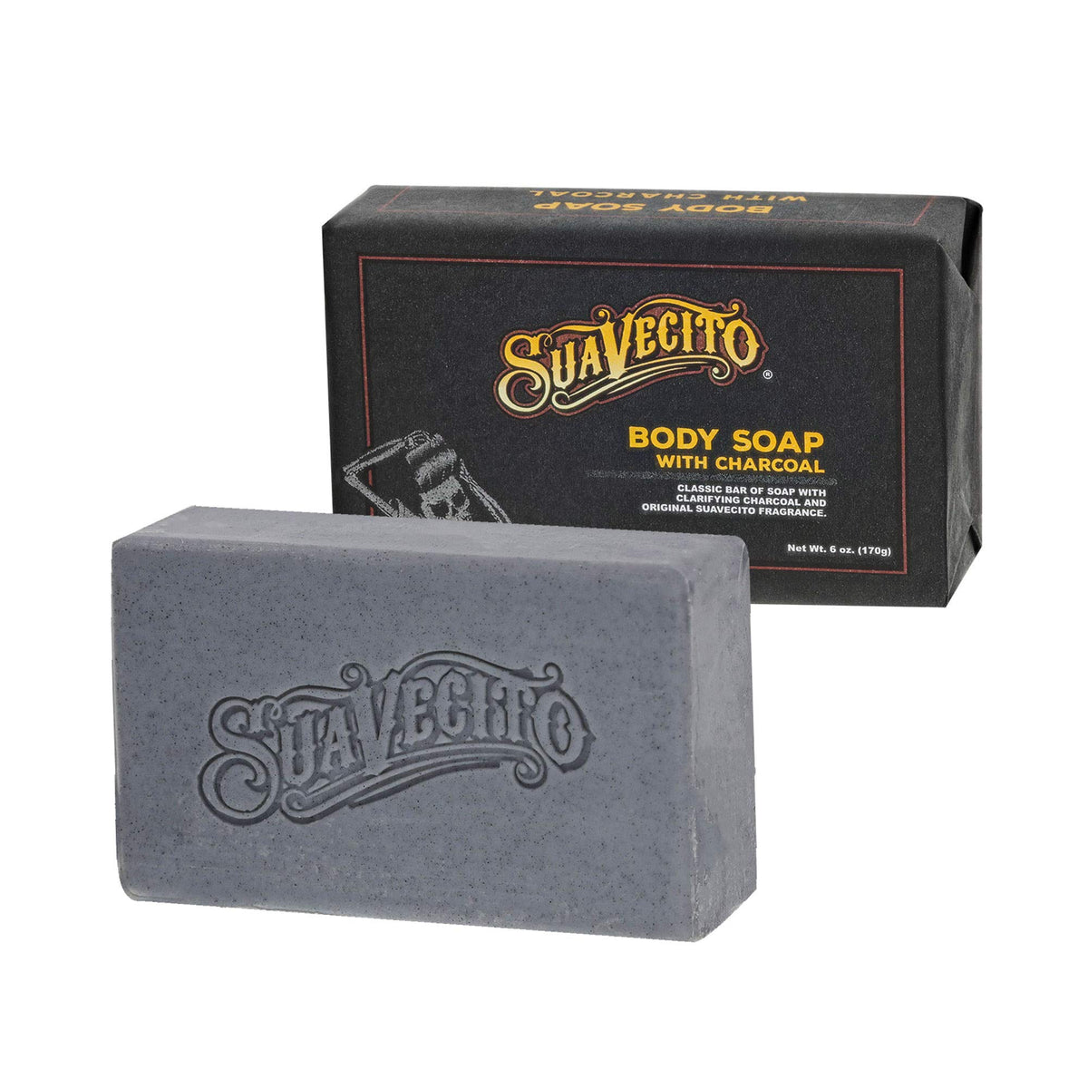 Suavecito close-up of soap texture with charcoal emphasizing deep clean