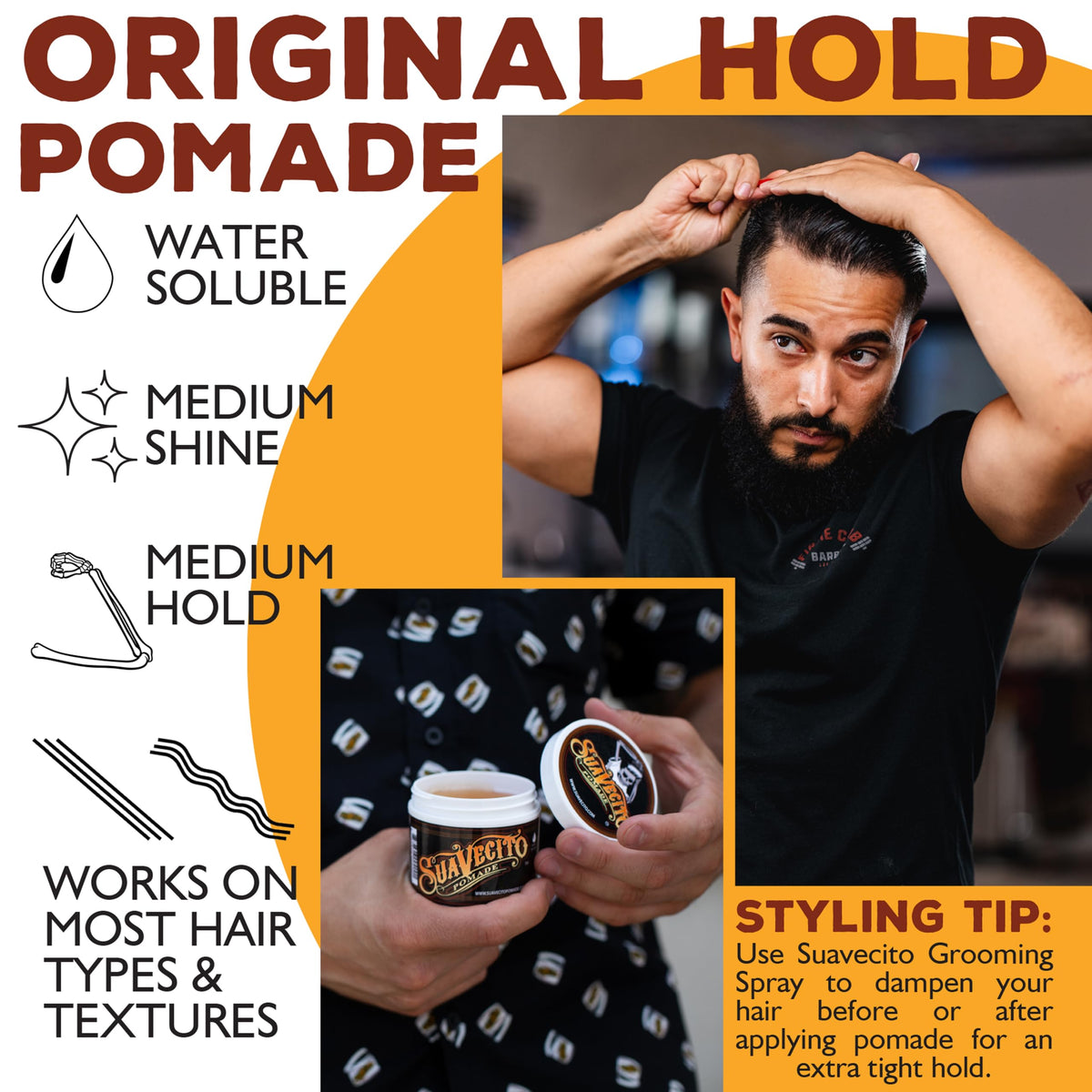 Suavecito combed slick-back style showing neat hold and medium shine