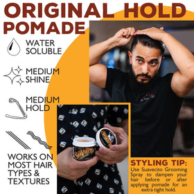 Suavecito combed slick-back style showing neat hold and medium shine