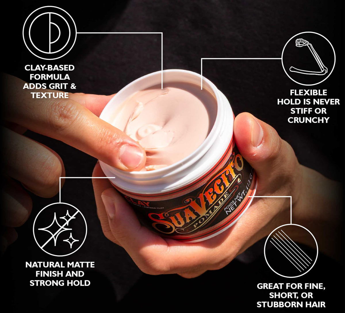 Suavecito Firme Clay open jar texture close-up highlighting matte, pliable formula