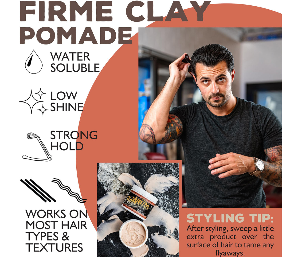 Suavecito Firme Clay styled on short hair showcasing added volume and definition