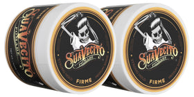 Suavecito Firme front packaging showing two 4 oz jars and strong hold benefit