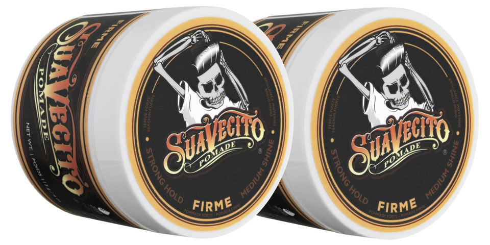 Suavecito Firme front packaging showing two 4 oz jars and strong hold benefit