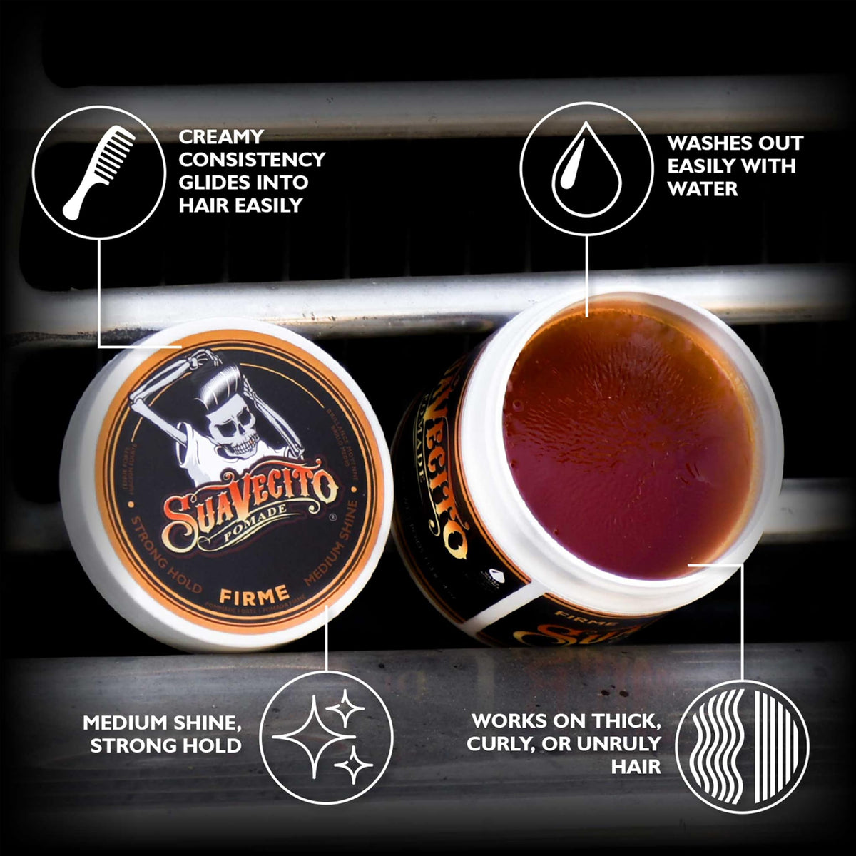 Suavecito Firme open jar cream texture close-up showing easy combing benefit