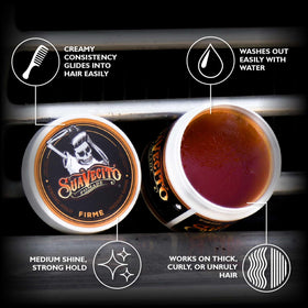 Suavecito Firme open tin showing creamy texture and easy styling benefit