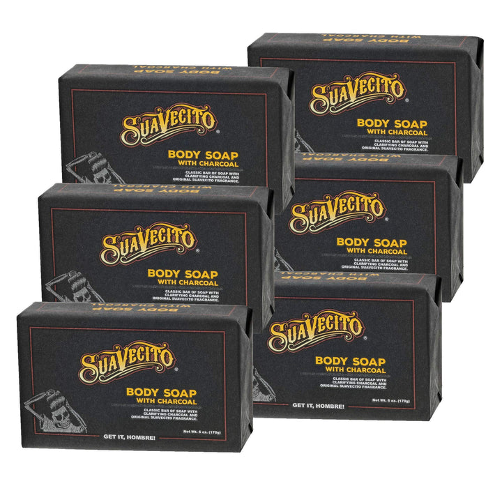 Suavecito front packaging showing six charcoal soap bars and convenience