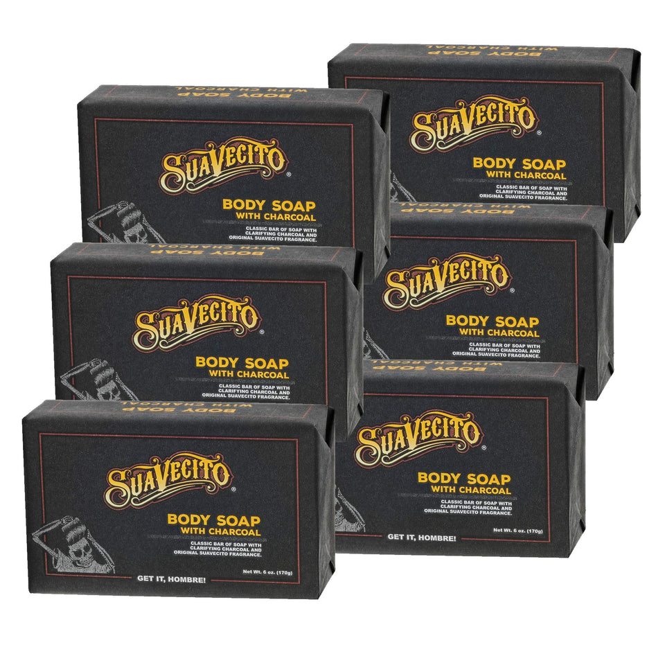 Suavecito front packaging showing six charcoal soap bars and convenience