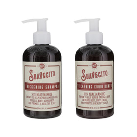Suavecito front packaging of thickening shampoo and conditioner showing full-size bottles for fuller hair