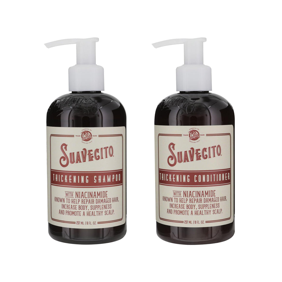 Suavecito front packaging of thickening shampoo and conditioner showing full-size bottles for fuller hair