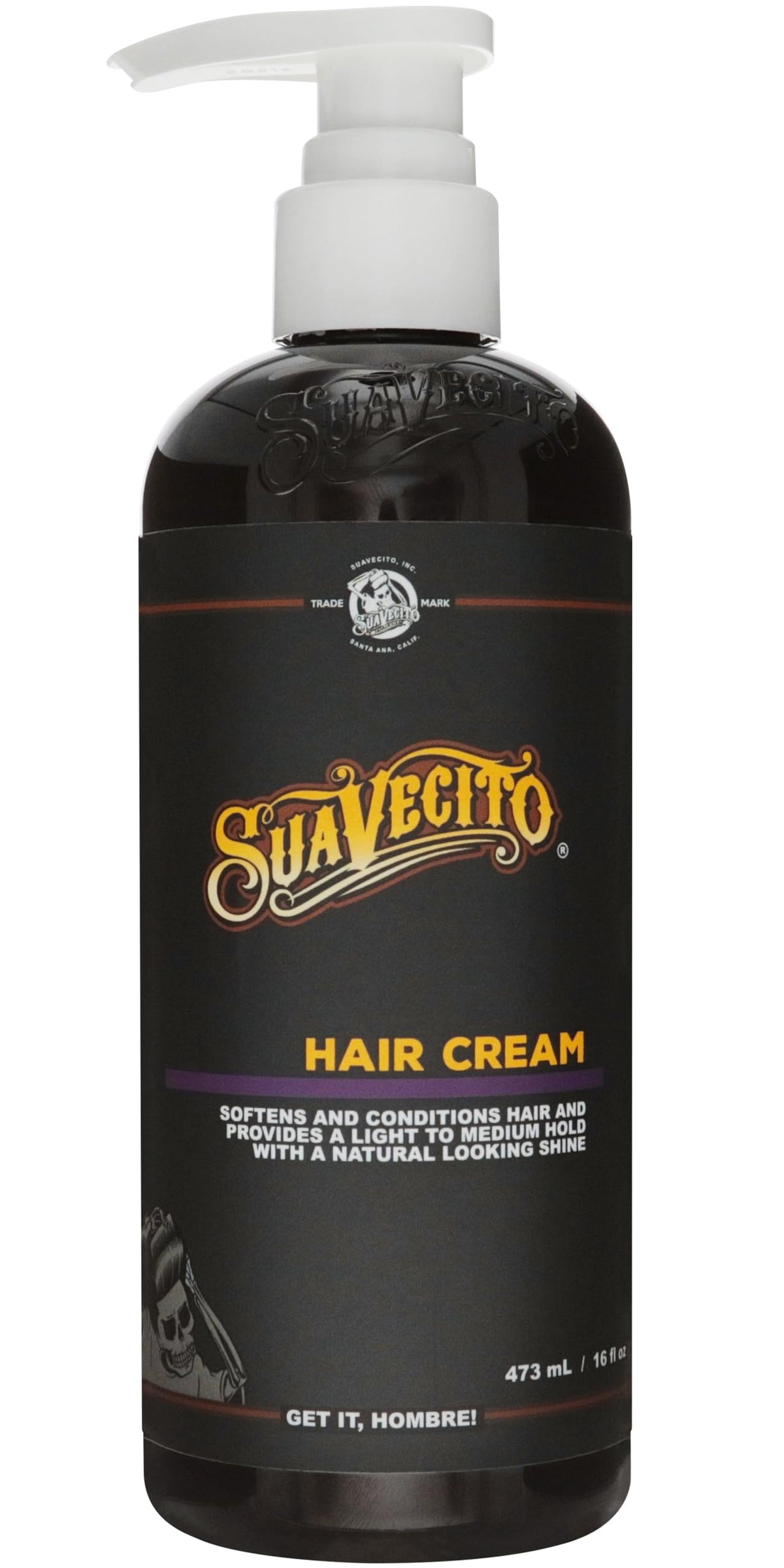 Suavecito front pump bottle showing label and size, clear product identity and convenience
