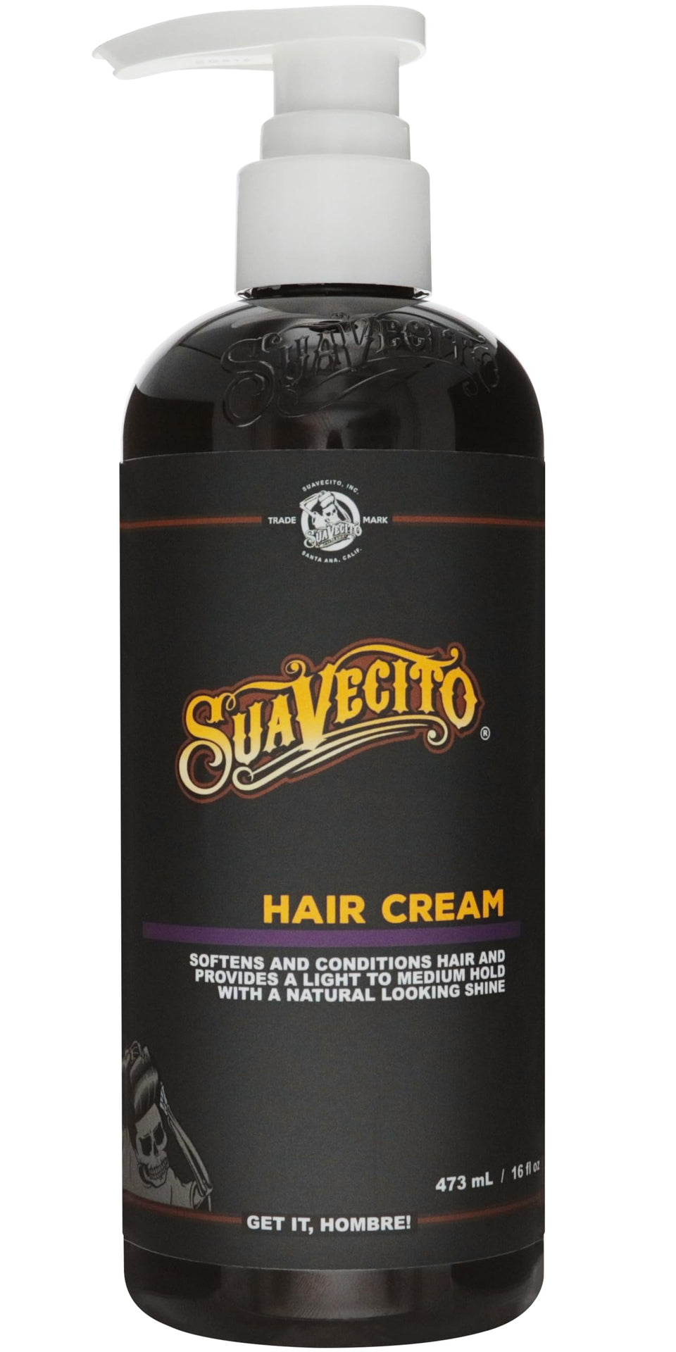 Suavecito front pump bottle showing label and size, clear product identity and convenience