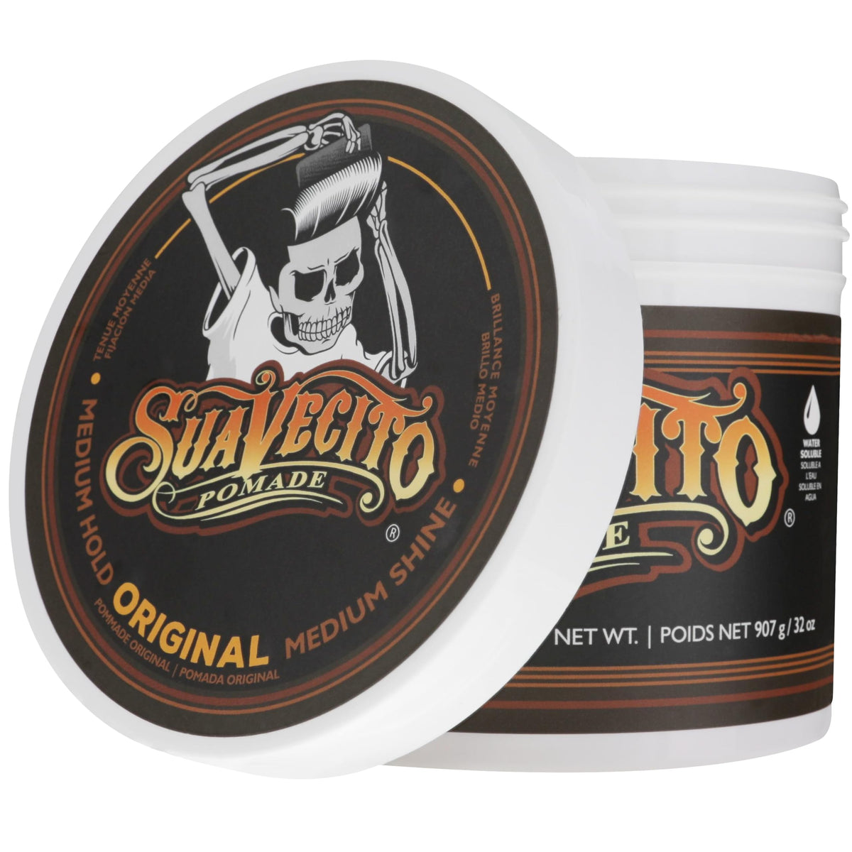 Label close-up on Suavecito showing product details and ingredient clarity benefit