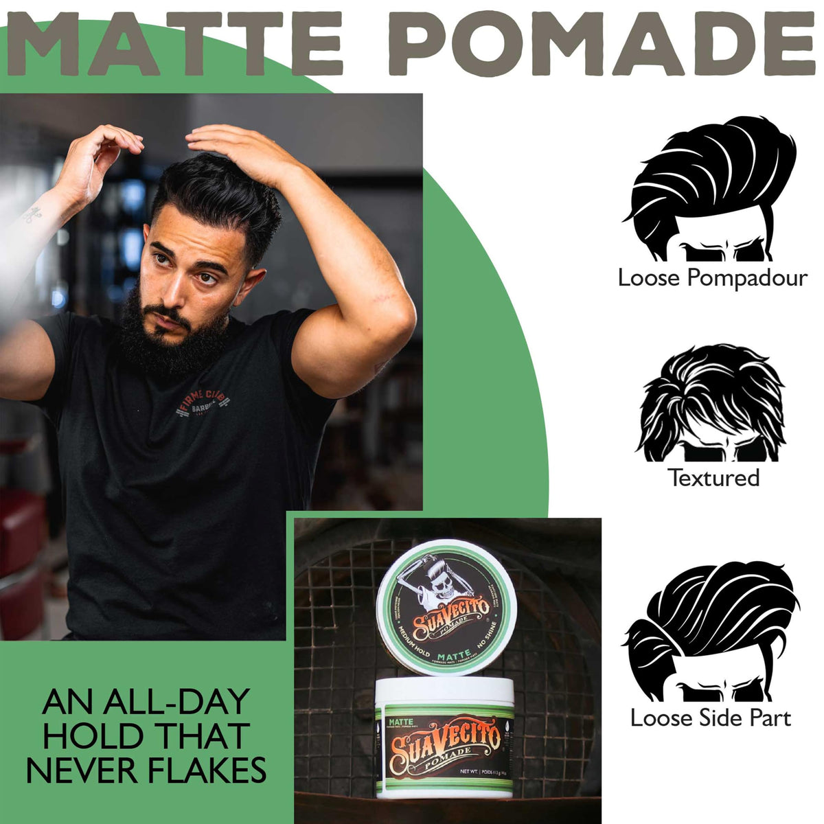 Suavecito matte pomade being applied with fingers for even distribution and control