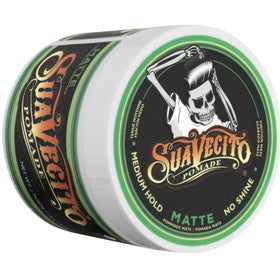 Suavecito matte pomade being applied at barber station for professional styling benefit